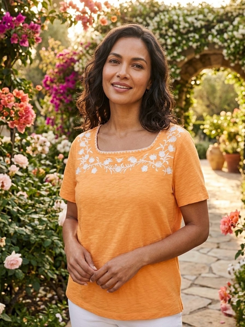 Talbots Embroidered Square Neck Cotton Top Blouse Peach Orange Floral XL
